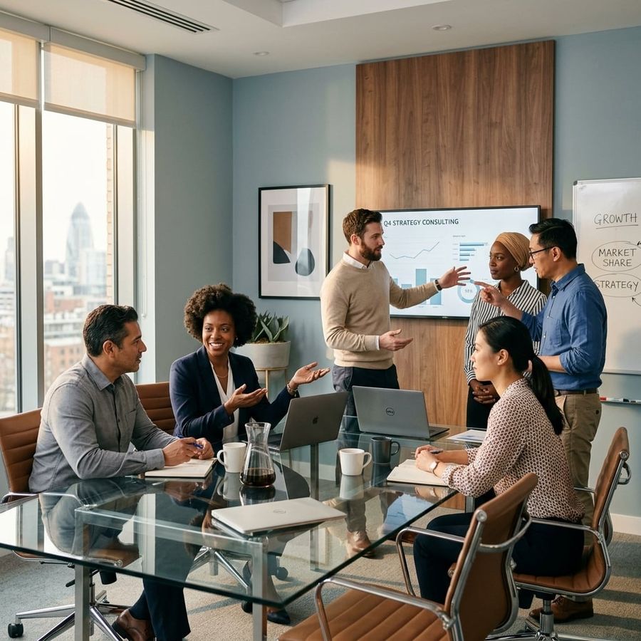 Archidux Global Consulting team collaborating on a client strategy